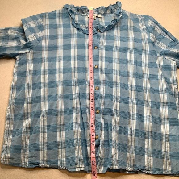 Madewell Ruffle‎ Neck Top Colwell Plaid Medium Blue & White - Picture 7 of 11